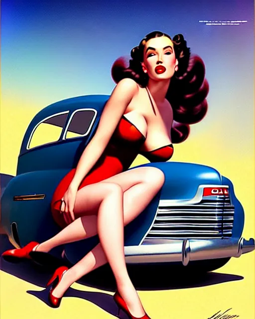 Prompt: beautiful retro space megan fox varga girl posing on a car in diesel punk city, windblown dark hair, retro pinup model, seductive, 1 9 4 0, hyper detailed, digital art, smooth, sharp focus, gil elvgren, anna dittmann alberto vargas,