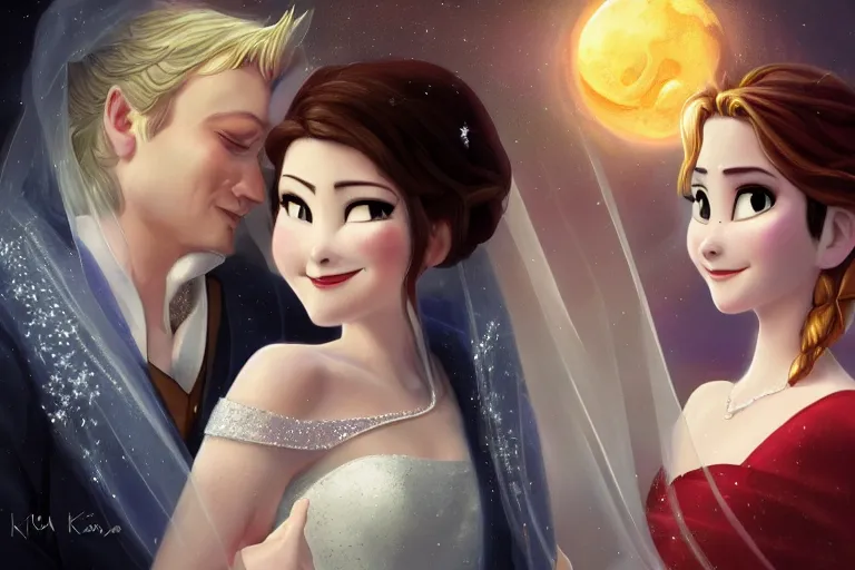 Image similar to a cinematic portrait of wedding photograph jpeg close up moment of a divine a japan sun god and moon goddess lovers magician at a wedding banquet. portraiture. digital painting. artstation. concept art. wedding photo. illustration. frozen ii art masterpiece by art by krenz cushart