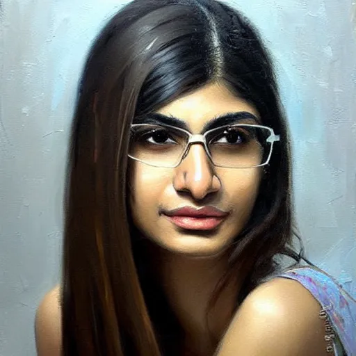 Image similar to beautiful painting an gorgeous of mia khalifa, oil painting, art by ruan jia