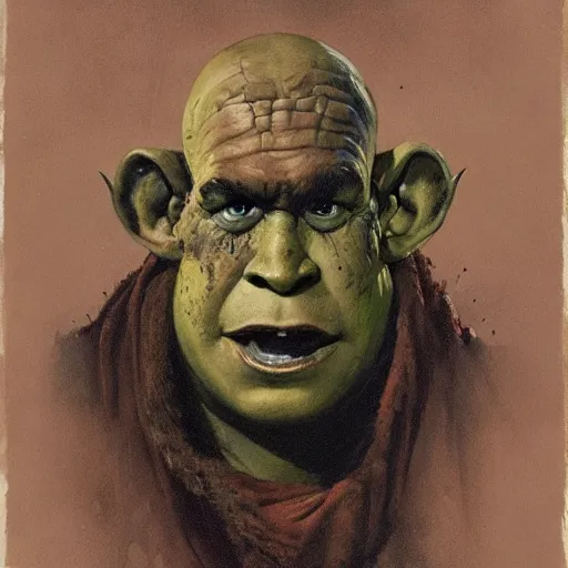 Prompt: grinning grimpunk vile reprobate portrait portrait Cyclops Cyclops Cyclops Polyphemus shrek with tombow norman rockwell greg rutkowski frank frazetta alexandre briclot Dave Dorman splatterpaint