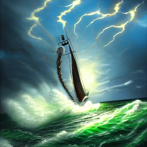 Prompt: in the style of Dale Keown, artgerm, Thomas Kinkade, sea dragon coming out of the water to attack a boat, rough seas, night, lighting, cinematic lighting, realistic