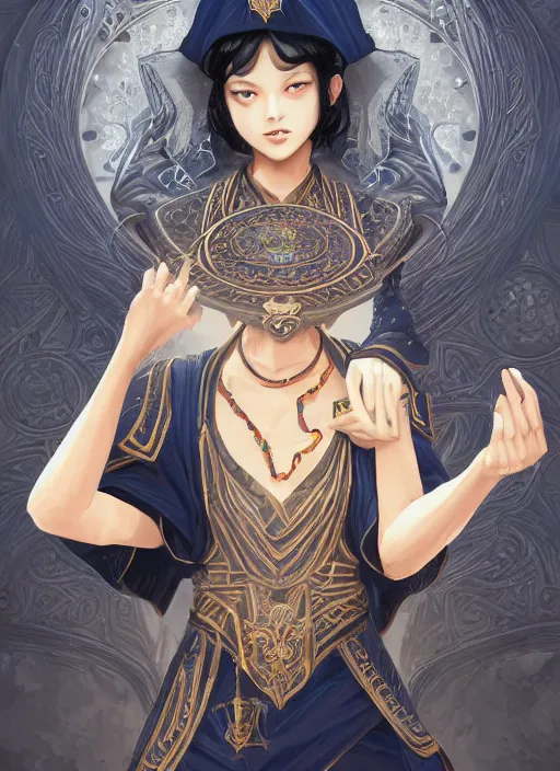 Prompt: a highly detailed illustration of short black haired young asian wizard wearing ornate navy robe and mage hat, dramatic reading spell book pose, intricate, elegant, highly detailed, centered, digital painting, artstation, concept art, smooth, sharp focus, league of legends concept art, WLOP