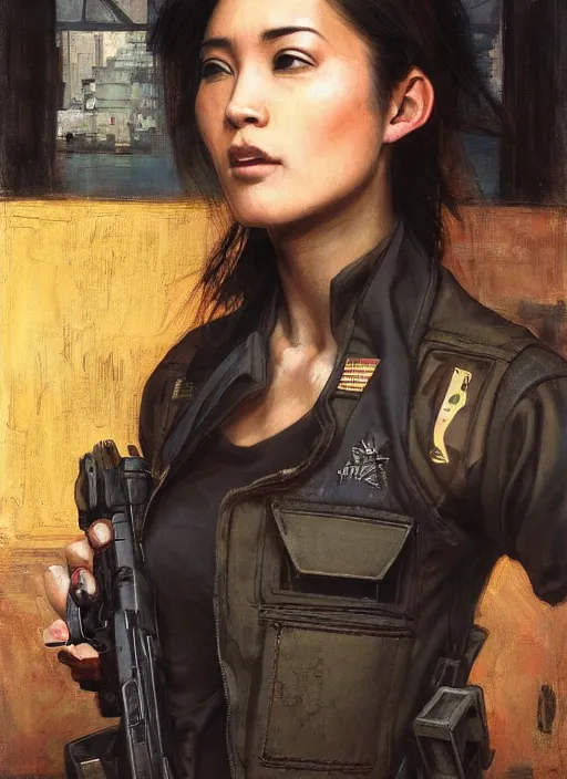 Image similar to Nikki tanaka. beautiful cyberpunk female USN marine wearing a military vest and military jumpsuit (cyberpunk 2077, bladerunner 2049). gorgeous face. Iranian orientalist portrait by john william waterhouse and Edwin Longsden Long and Theodore Ralli and Nasreddine Dinet, oil on canvas. Cinematic, hyper realism, realistic proportions, dramatic lighting, high detail 4k