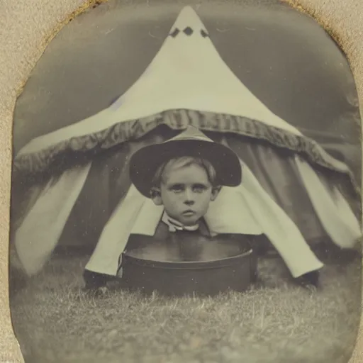 Image similar to tintype photo, boy circus tent, underwater, jellyfish