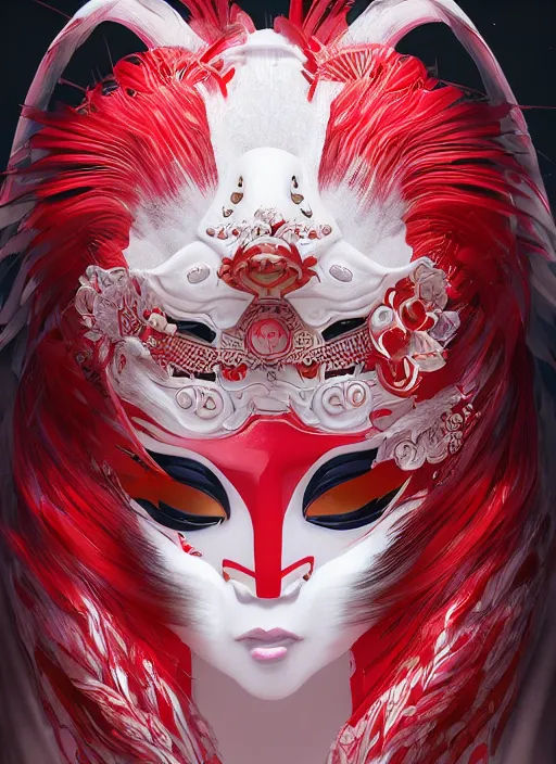Image similar to albino maiko with a kitsune mask, fluent composition, red and white neon, concept art, ambient light, 4 k, intricate details, highly professionally detailed, cgsociety, highly detailed -