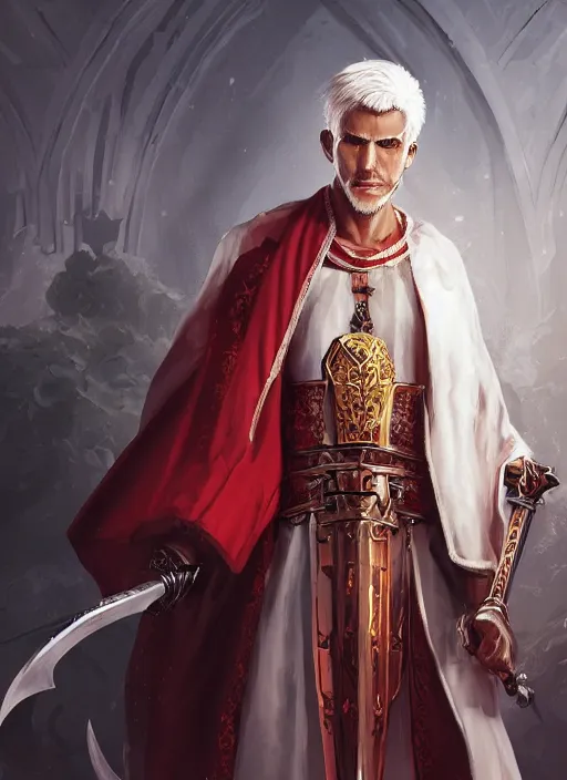 Image similar to a highly detailed illustration of sadistic white haired tanned african priest wearing white robe with red cross design, wielding divine bloody sword, evil smirk, gothic church background, intricate, elegant, highly detailed, centered, digital painting, artstation, concept art, smooth, sharp focus, league of legends concept art, wlop