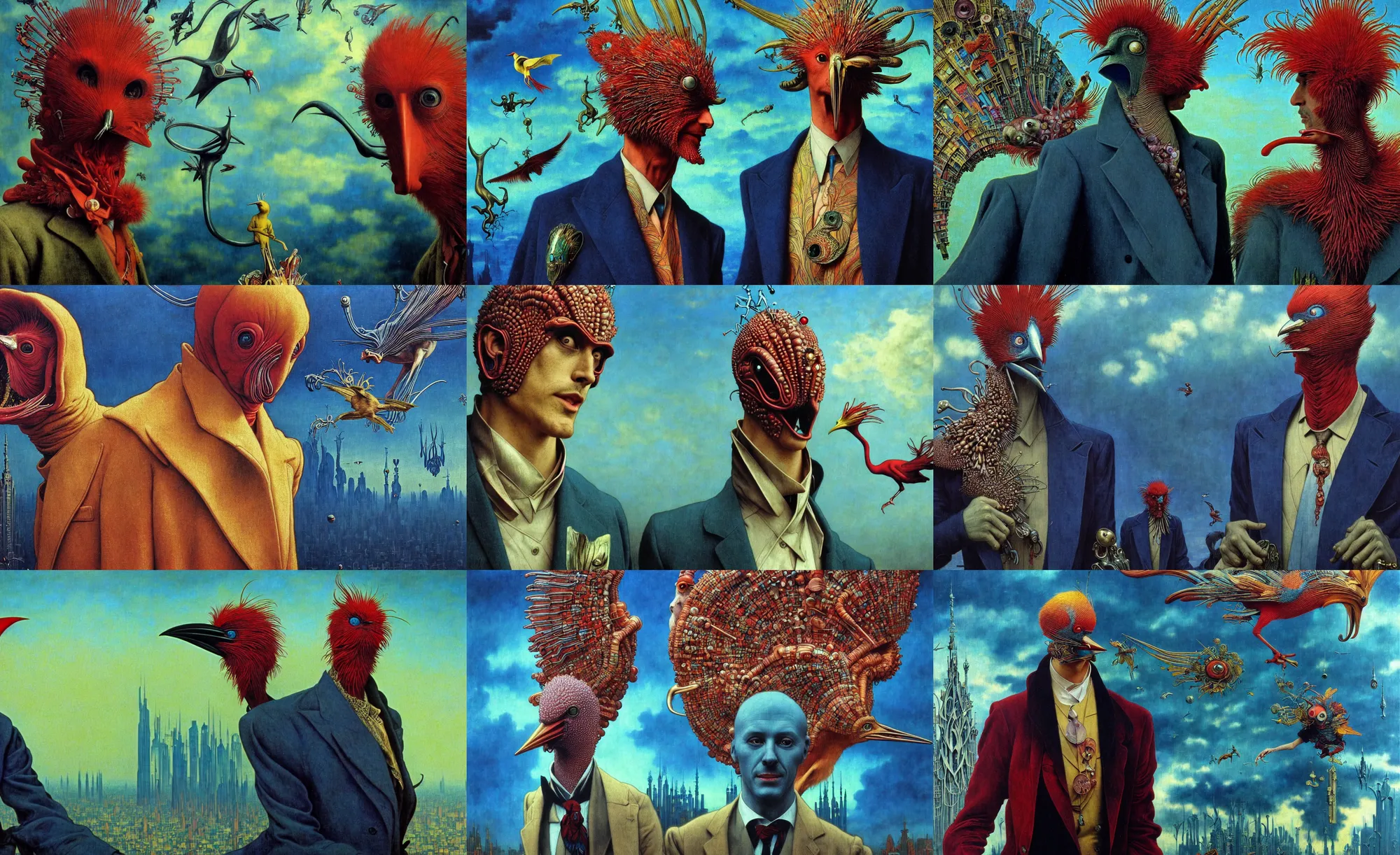 Prompt: realistic detailed portrait movie shot of a birdman wearing a dark blazer, sci fi city landscape background by denis villeneuve, amano, yves tanguy, alphonse mucha, ernst haeckel, max ernst, roger dean, masterpiece, rich moody colours, dog teeth, blue eyes