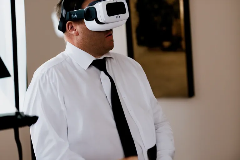 Image similar to clean - shaven chubby white man wearing white dress shirt, necktie, and dress pants wearing a vr headset. he look mesmerized. iq 4, f / 1. 4, iso 2 0 0, 1 / 1 6 0 s, 8 k, raw, dramatic lighting, symmetrical balance, in - frame