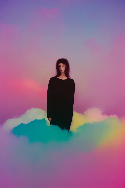 Image similar to high quality pastel coloured film photograph of a model wearing black clothing resting on cloud furniture clouds in a haze filled dreamstate world. three point light, rainbow. photographic production. art directed. pastel colours. volumetric clouds. pastel gradient overlay. waves glitch artefacts. 8 k. filmic.