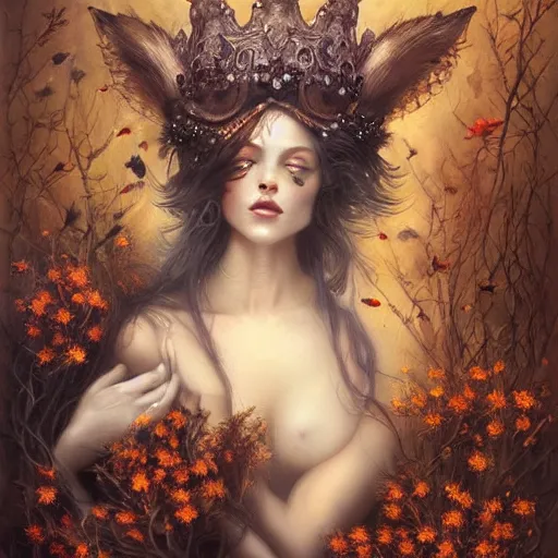 Prompt: fine art photo of the beauty goddess foxes, she has a crown of dried flowers, by peter mohrbacher