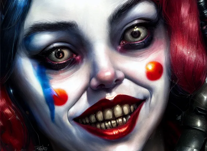 Image similar to highly detailed portrait of a beautiful harley quinn, in batman : arkham asylum, stephen bliss, 8 k, unreal engine, fantasy art by greg rutkowski, loish, rhads, ferdinand knab, makoto shinkai and lois van baarle, ilya kuvshinov, rossdraws, tom bagshaw, global illumination, radiant light, detailed and intricate environment