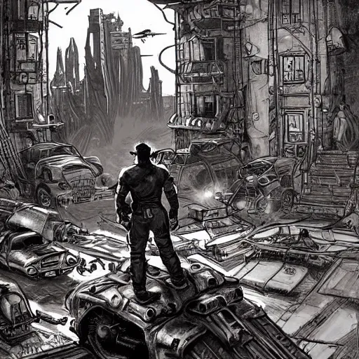 Image similar to fallout 5, concept art drawings of the opening scene, storyboard, concept art, comic style, atmospheric lighting, painted, intricate, volumetric lighting, beautiful, rich deep colours masterpiece, sharp focus, ultra detailed by jack kirby, ignacio fernandez rios, thierry doizon