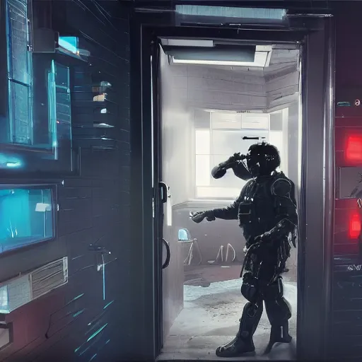 Prompt: a cyberpunk SWAT team breaking down a door, futuristic, 8k, film still s- 150