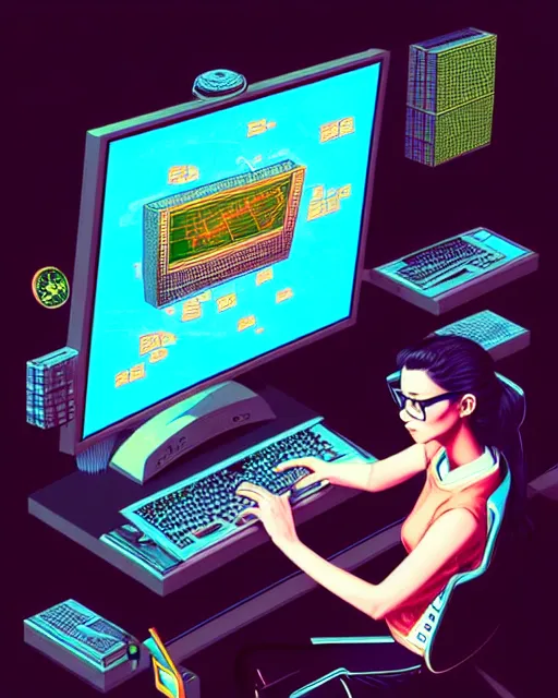 Image similar to richly detailed color illustration of a nerd-using-a-computer-to-crack-the-code surrounded by technology illustrated by Artgerm and Mina Petrovic and Timothy Kong and Marina Federovna. 3D shadowing