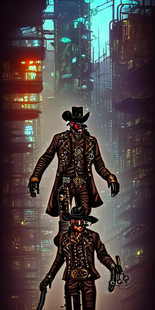 Image similar to Steampunk cowboy in a cyberpunk city