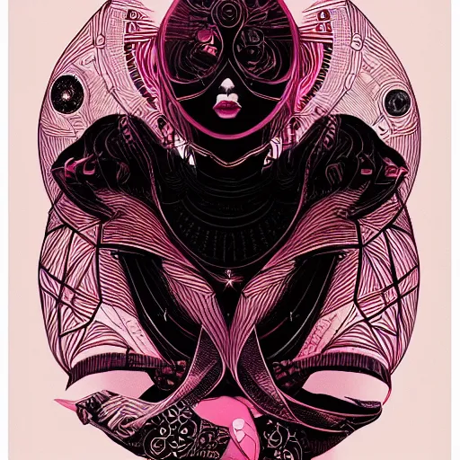 Image similar to rebound, pink maroon and black, detailed linework, cinematic, psychedelic, black paper, ornate, symmetrical, tarot card, highly detailed, ink illustration, style of peter mohrbacher, golden ratio, 8k,