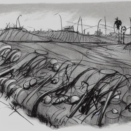 Image similar to milt kahl sketch of world war 1 trenches with the city of miami in the background