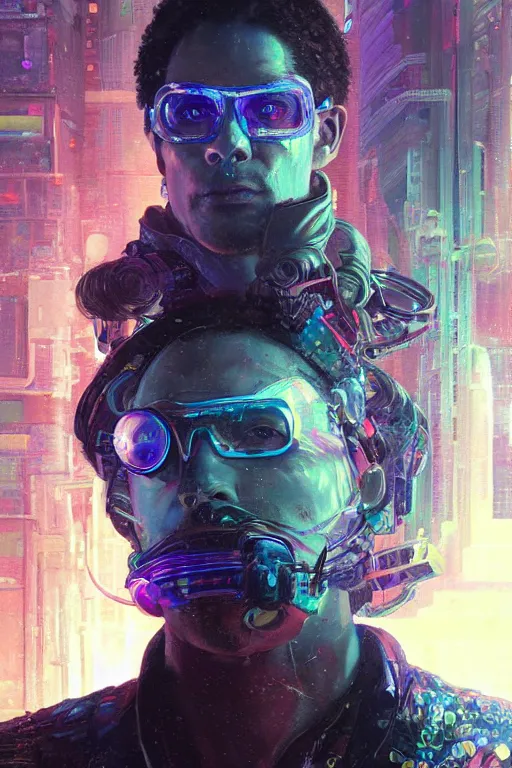 Image similar to A portrait of the author Erik Davis as a cyberpunk, iridescent highlights, background of digital greebles, highly detailed, intricate, soft, sci-fi, sharp focus, glowing lines, art by Ruan Jia and Moebius