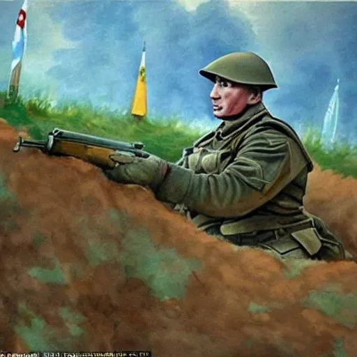 Image similar to Putin is sitting in the trenches and defending himself from Ukrainian troops, Retro futuristic painting style