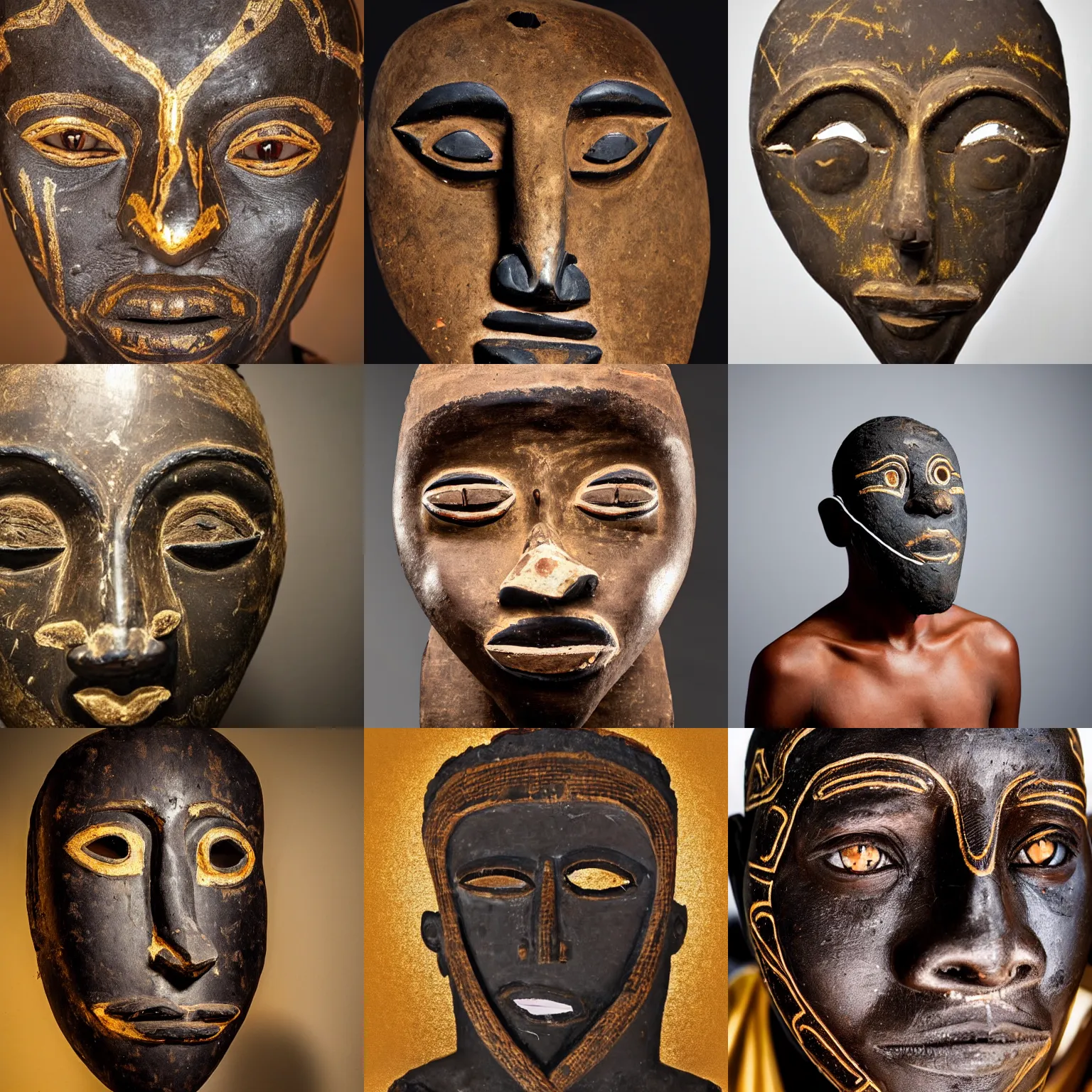 Prompt: african man with an ancient mask and golden eyes clouded in darkness