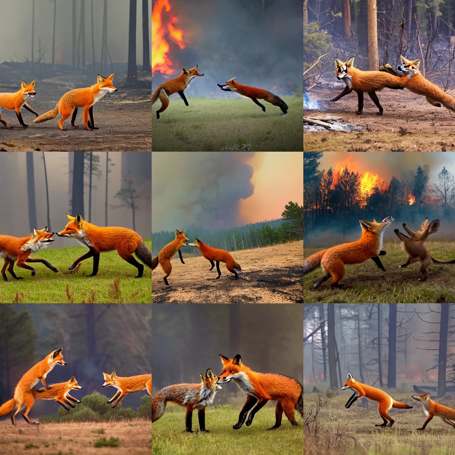 Prompt: a photograph of two foxes fighting while a forest fire rages in the background