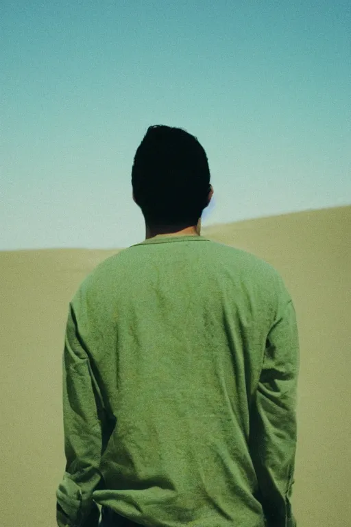 Prompt: kodak ultramax 4 0 0 photograph of a guy standing in a desert, back view, green shirt, grain, faded effect, vintage aesthetic, vaporwave colors,