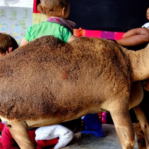 Image similar to whole roast camel served on a giant plate in front of a group of children in a kindergarten