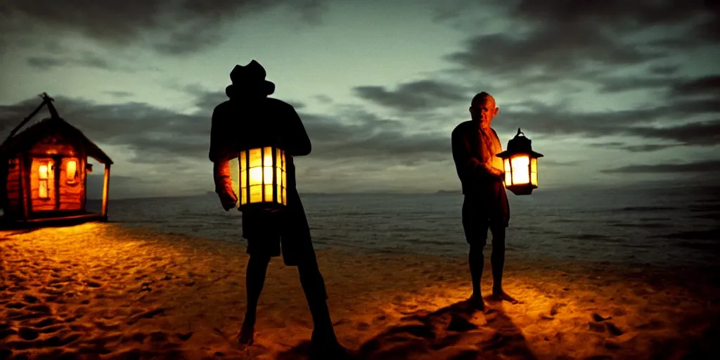 Image similar to film still of closeup old man holding up lantern by his beach hut at night. pirate ship in the ocean by emmanuel lubezki