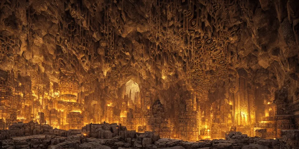Prompt: A shining dwarven city made out of intricately carved stone in a dark cavern, rainy, dark and gloomy atmosphere, fantasy digital art, octane render, beautiful composition, trending on artstation, award-winning photograph, masterpiece