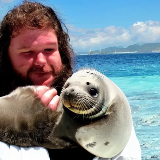 Image similar to incredibly fantastically stupendously fluffy tiny winged pygmy baby manatee seal hybrid being cradled by a nice pirate captain on an island, realistic, fantasy, pet, adorable, national geographic