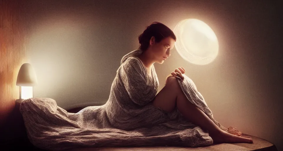 Image similar to a woman sleeping in a hibernation pod by norman rockwell, side view, in the style of blade runner, high tech, photoreal, dramatic lighting, unreal engine 5, octane rendering, ray tracing