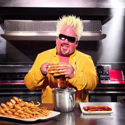 Image similar to guy fieri, studio lighting, the king of flavortown holds an infinite hot dog