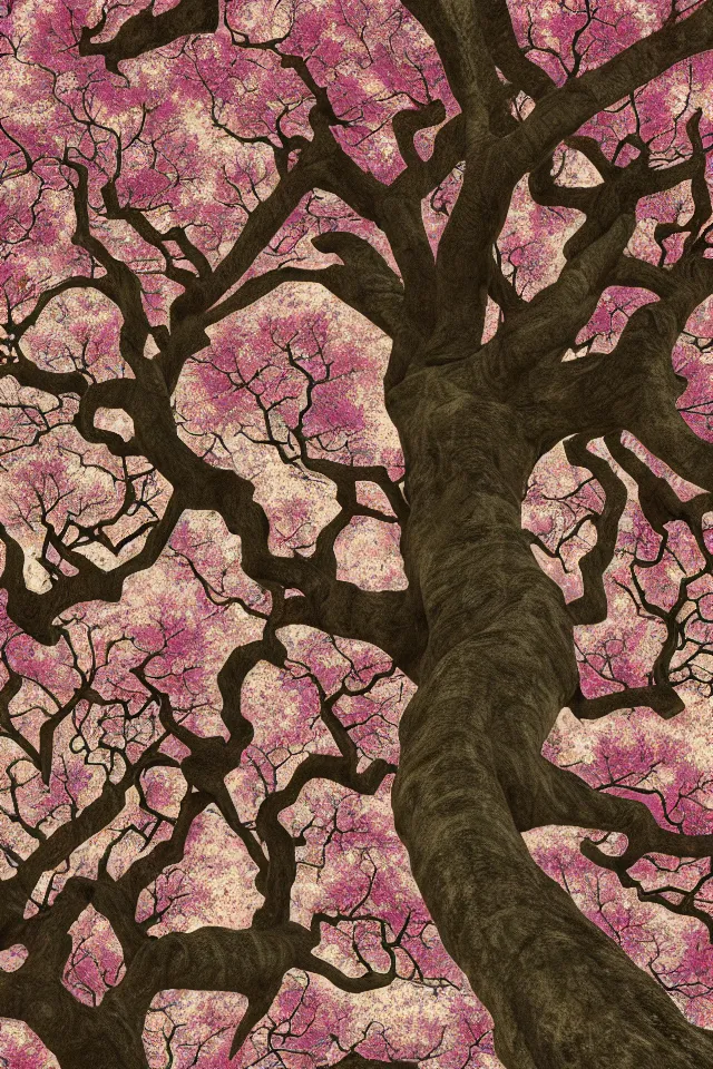 Prompt: fractal sakura in deep space in style of Dean Roger, massive wide trunk, pearly tree bark, hyper realism, very detailed, no text, contrast picture