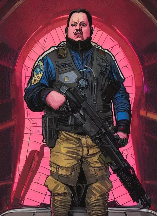 Prompt: cyberpunk paul blart. portrait by ashley wood and alphonse mucha and laurie greasley and josan gonzalez and james gurney. spliner cell, apex legends, rb 6 s, hl 2, d & d, cyberpunk 2 0 7 7. realistic face. vivid color. dystopian setting.