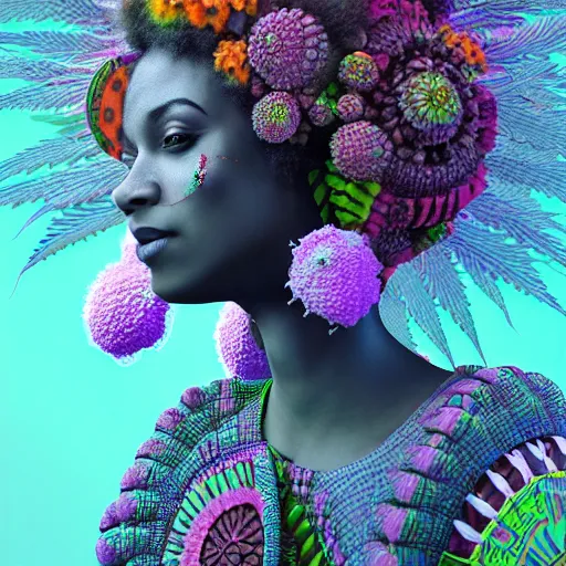 Image similar to a female african marijuanna! shaman with an afro made of flowers, third eye art art by machina infinitum, complexity from simplicity, rendered in octane, mandelbulb 3 d, ambient occlusion, macro photography, felt!!! texture, tribal, pastel! retrowave