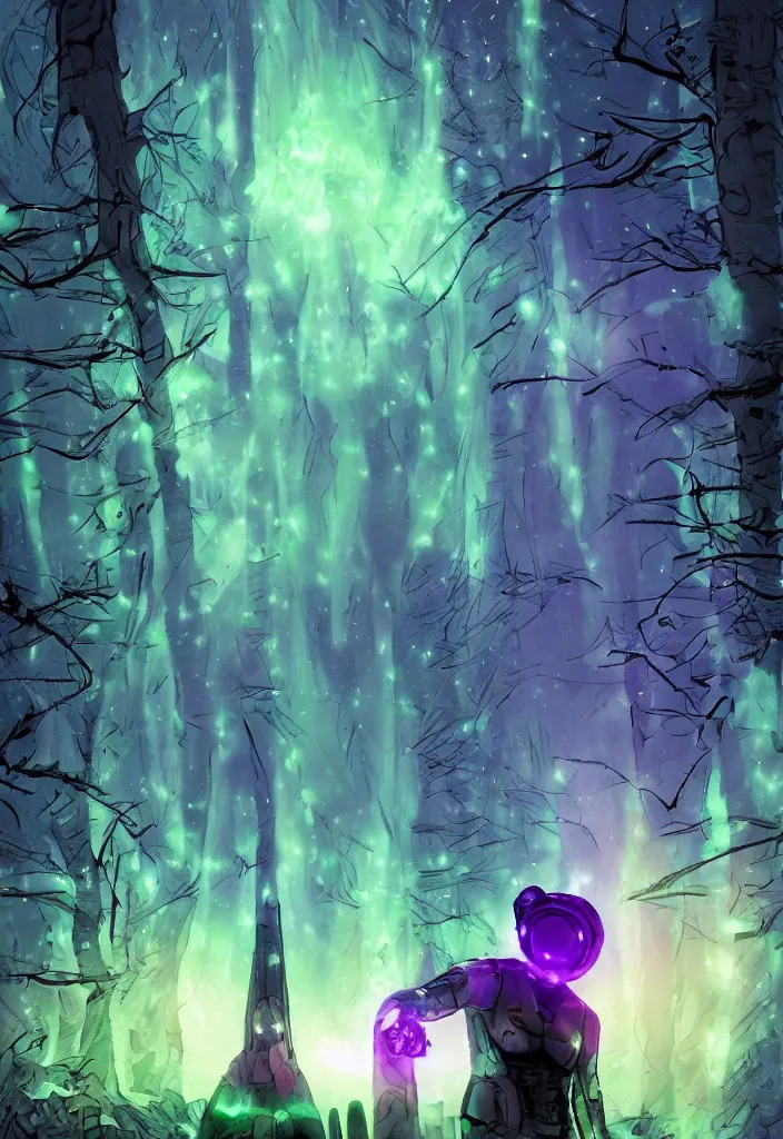 Image similar to A digital painting comic book cover of an android with glowing gloves and boots with back to the camera in a forest, looking up at a tower of crystals and geodes glowing in the fog, skeletons lay on the ground beside him, forced perspective,cinematic, stylized, purple and green