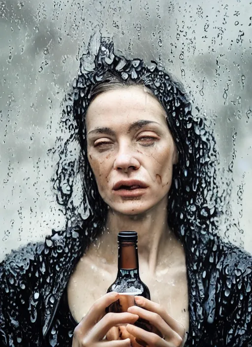 Prompt: expressive potrait photo of sad tired woman in the rain eating a bottle, glamour shot, by jenny saville, by stefan gesell, photorealistic, canon r 3, fashion photography, hyper maximalist, elegant, ornate, luxury, elite, environmental portrait, symmetrical features, octane render, unreal engine, solid dark grey background, dramatic lights