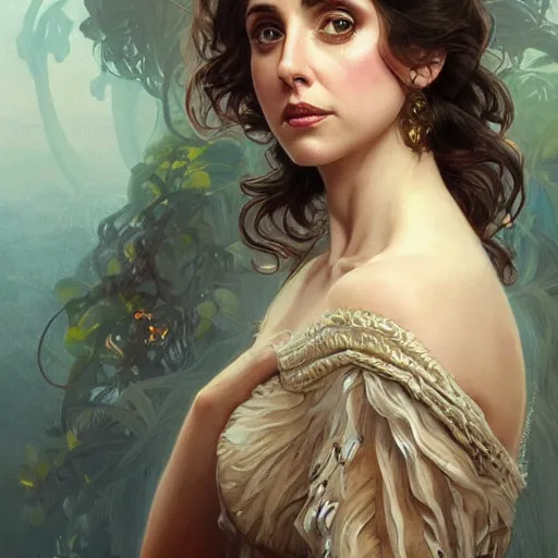 Prompt: ultra realistic illustration, alison brie wearing a curly english mustache, intricate, elegant, highly detailed, digital painting, artstation, concept art, smooth, sharp focus, illustration, art by artgerm and greg rutkowski and alphonse mucha