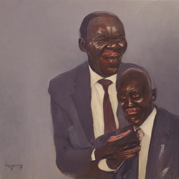 Image similar to a painting of a fatherly, aquiline nose, wide forehead, round face, XXL , loving, caring, generous, ever-present, humble, wise elder from Kenya with a friendly expression in a suit by Lynette Yiadom-Boakye . Fatherly/daddy, focused, loving, leader, relaxed,. ethereal lights, details, smooth, sharp focus, illustration, realistic, cinematic, artstation, award winning, rgb , unreal engine, octane render, cinematic light, macro, depth of field, blur, red light and clouds from the back, highly detailed epic cinematic concept art CG render made in Maya, Blender and Photoshop, octane render, excellent composition, dynamic dramatic cinematic lighting, aesthetic, very inspirational, arthouse.