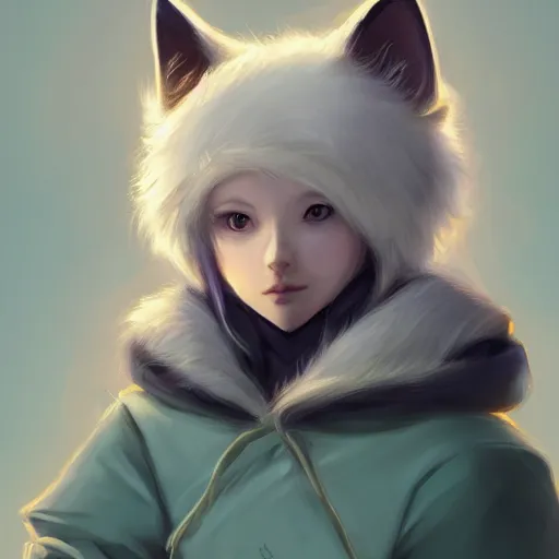 Image similar to aesthetic portrait commission of a albino male furry anthro cute wolf wearing a cute mint colored cozy soft pastel winter outfit, winter Atmosphere. Character design by charlie bowater, ross tran, artgerm, and makoto shinkai, detailed, inked, western comic book art, 2021 award winning painting