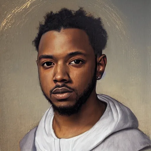 Image similar to a renaissance style portrait painting of kendrick lamar