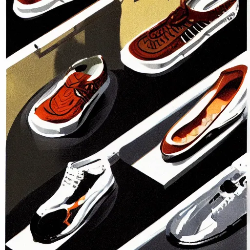 Image similar to concept art for shoes that can store meat, illustrated by syd mead, high quality