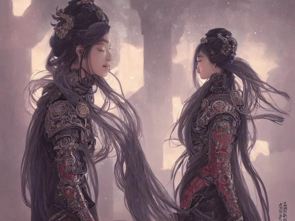 Image similar to portrait jisoo blackpink, grey hair armored samurai clothes, in fire japanese temple wet night, ssci - fi and fantasy, intricate and very very beautiful and elegant, highly detailed, digital painting, artstation, concept art, smooth and sharp focus, illustration, art by tian zi and wlop and alphonse mucha