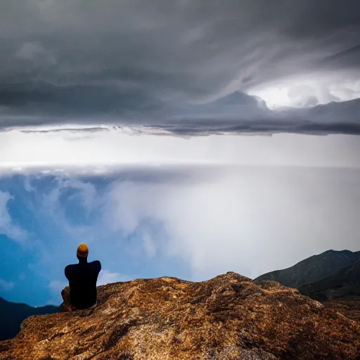 Image similar to man sitting on peak top mountain looking at huge vast sky storm tornado