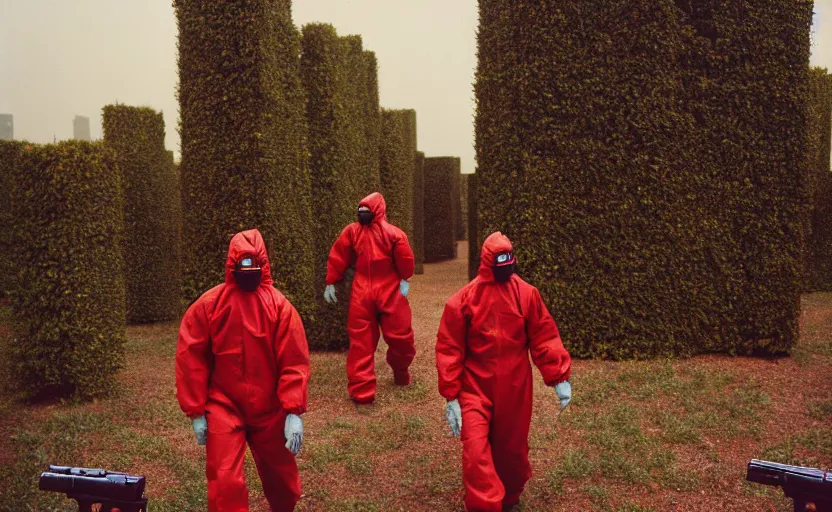 Image similar to cinestill 5 0 d photographic portrait by helen levitt of dark red hazmat scientists with guns walking through a brutalist hedge maze, extreme closeup, cinematic, modern cyberpunk, dust storm, 8 k, hd, high resolution, 3 5 mm, f / 3 2, tenet