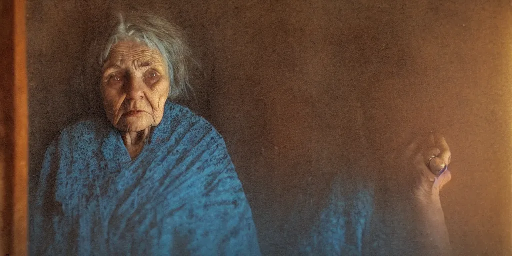 Image similar to portrait bust of old woman, solemn expression, faded color film, russian cinema, tarkovsky, kodachrome, inside old cabin, next to window, heavy forest outside, long brown hair, old clothing, heavy fog, blue hour, hudson river school, 4 k, dramatic lighting, greg rutkowski