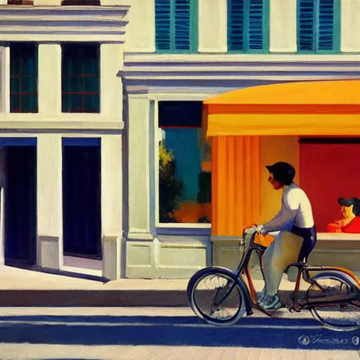 Prompt: young puppy riding a bike in paris. edward hopper. faithfully depicted, sharp focus, global illumination, radiant light, detailed and intricate environment, trending on artstation