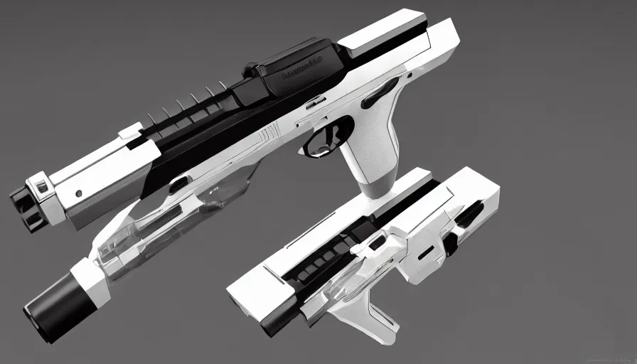 Image similar to extremely detailed ultra realistic photographic side view minimalist magnum pistol coilgun, detailed trigger, chemically propelled, battery, smooth streamline, battery and wires, railgun, chemrail, gauss, elegant sleek smooth body, white paint, smooth utopian design, ultra high quality, octane, artstation, destiny, warframe, terminator