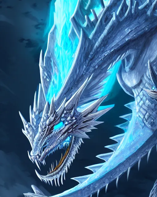 Prompt: Detailed illustration of a fantasy ice dragon, blizzard concept artists, elder scrolls, intricate, trending on artstation, deviantart, 8k, vibrant, high res