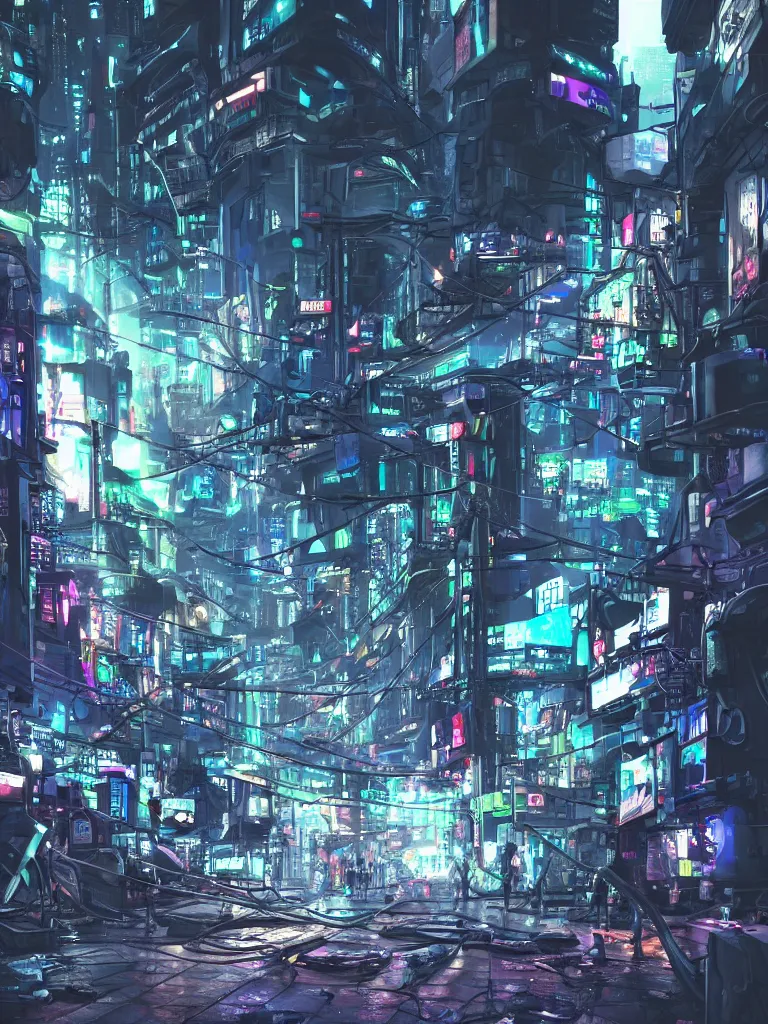 Image similar to futuristic cyberpunk street, cable stone ground. lots hanging cables, tiny wires on the ground. narrow, garbage on the ground. rain. fog, haze, evening. led screens. neon signs. ghost in the shell. very sharp. cables on the ground. very messy. futuristic. photorealistic. artstation. anime. studio gimbli style. golden rate.